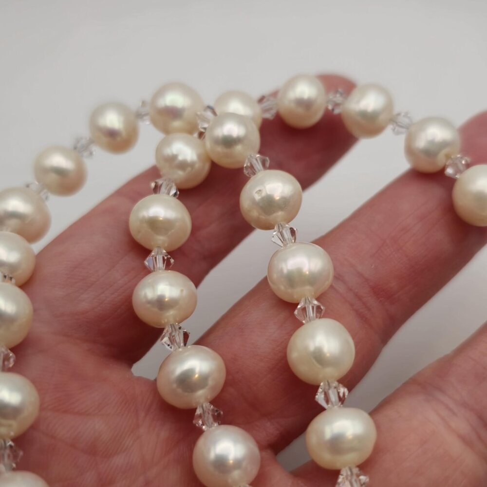 20 Inch Sterling Silver Genuine Pearls And Crystals Necklace B148 - Picture 4 of 7